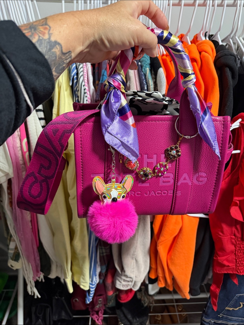 Marc Jacobs Fuchsia  Tote with Scarf-Wrapped Handles and Pom Charm